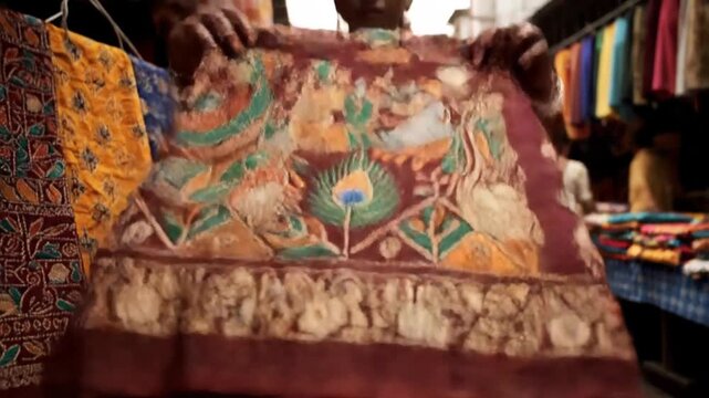 Indian Woman Shows Traditional Handmade Fabric Art