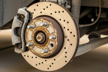 Automotive disc brake assembly showing ventilated brake rotor and caliper system