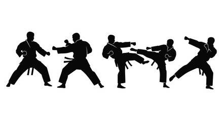 Dynamic martial arts sequence depicted in striking black forms an elegant silhouette