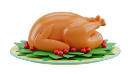 Stylized Roasted Turkey with Cranberries and Greens on a Plate