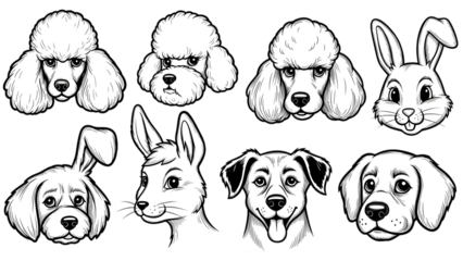 Hand Drawn Cute Dog Breeds Faces Line Art Set