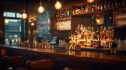Empty cozy bar interior with polished wooden counter, hanging warm bulbs, shelves of liquor bottles, glassware, cocktail shakers and stools, inviting intimate nighttime atmosphere