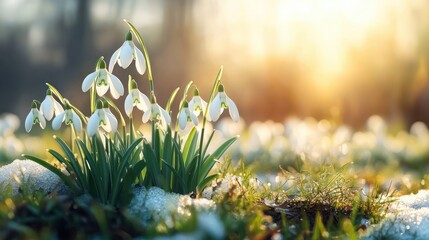 Close-up of white snowdrop flowers blooming amidst melting snow with soft sunlight creating a warm and peaceful early spring atmosphere