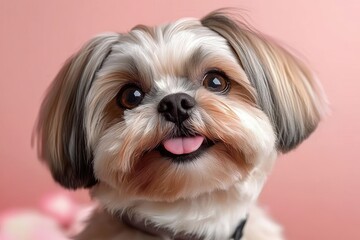 fluffy small dog portrait with tongue out and joyful expression against soft pink background