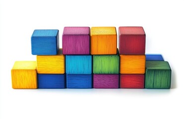 colorful wooden cubes stacked in two neat rows on white background, playful and cheerful children's toy arrangement