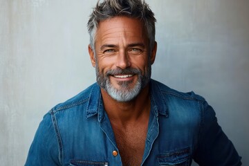 confident relaxed mature man in unbuttoned blue denim shirt revealing chest against neutral background
