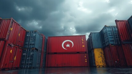 stacked shipping containers in a wet yard beneath a stormy sky, red container painted with a white crescent and star emblem, moody and foreboding atmosphere