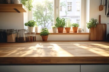 Sunlit wooden kitchen countertop with potted herbs on window sill and jars of grains and spices creating a warm and cozy atmosphere