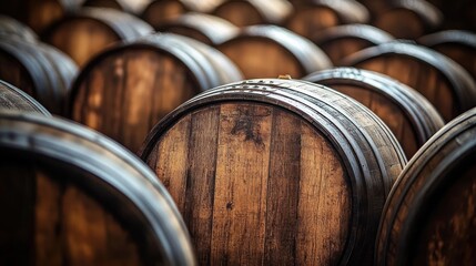 Close-up rows of aged oak barrels with metal hoops in a dimly lit cellar, warm rustic ambiance evoking heritage, patience and quiet craftsmanship