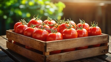 Fresh ripe red tomatoes with green stems neatly arranged in a rustic wooden crate on a wooden surface with natural warm sunlight and green blurred background