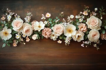 Elegant arrangement of soft peach and white roses and small blossoms with green leaves on a dark wooden background conveying calm and natural beauty