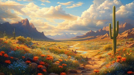 Vibrant desert landscape with colorful wildflowers, tall cacti, rocky mountains under a partly cloudy blue sky during golden hour