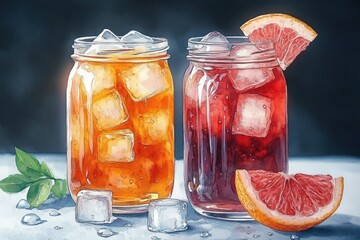 Two jars of iced drinks with ice cubes and grapefruit slices on a light surface and dark background