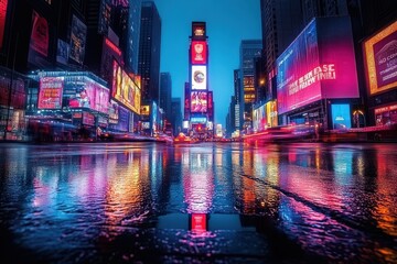 rainy neon city avenue lined with towering billboards and skyscrapers, wet pavement reflecting colorful lights and streaking traffic, vibrant electric night mood