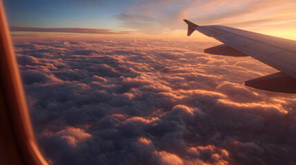 Fototapeta premium Beautiful Sunset View From Airplane Window Overlooking Soft Clouds at Dusk With Wing in Frame