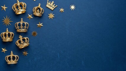Golden crowns and stars on blue background