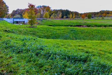 Plain valley with green grass in Absbroekbos conservation area, bridge over Geleenbeek River and trees with green, yellow and red foliage in background, Munstergeleen, Limburg, Netherlands