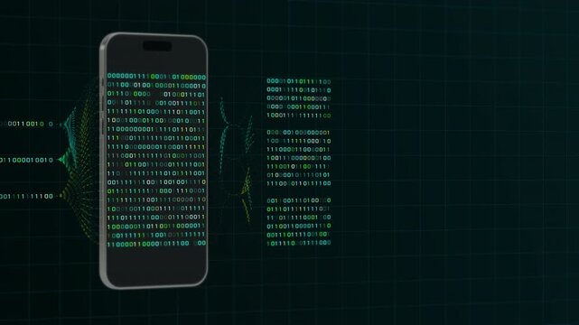 Smartphone screen displaying glowing green binary code streams and abstract digital patterns for tech concepts.
