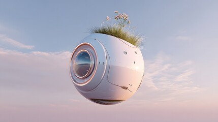 Futuristic floating pod with grass and flowers against a serene sky