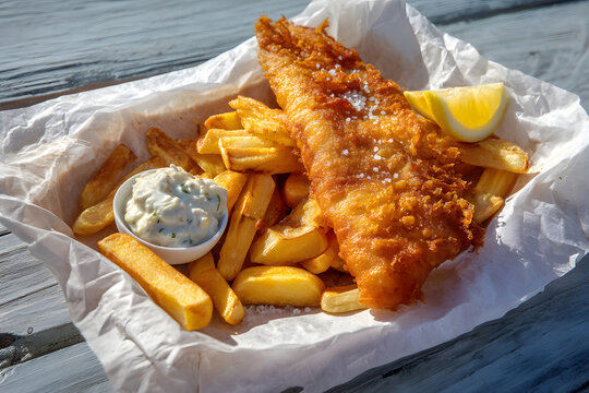 Delicious Golden Fried Fish and Chips Served on a Rustic Wooden Table with Tartar Sauce and Lemon Slice
