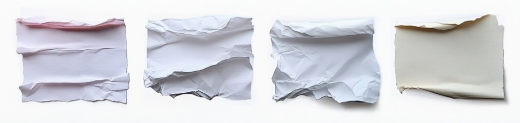 Obraz premium Four wrinkled and torn sheets of paper in varying shades of white and light beige arranged horizontally on a white surface