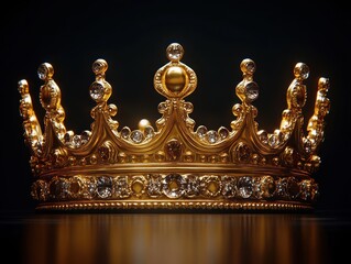 Fototapeta premium ornate gold crown encrusted with sparkling diamonds and intricate filigree on a reflective surface against a dark background, evoking majestic regal luxury