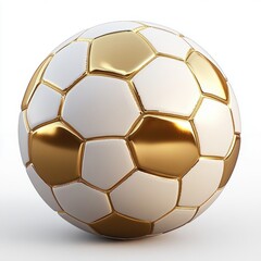 Fototapeta premium white and gold glossy soccer ball with metallic panels on clean white background, luxurious and celebratory mood