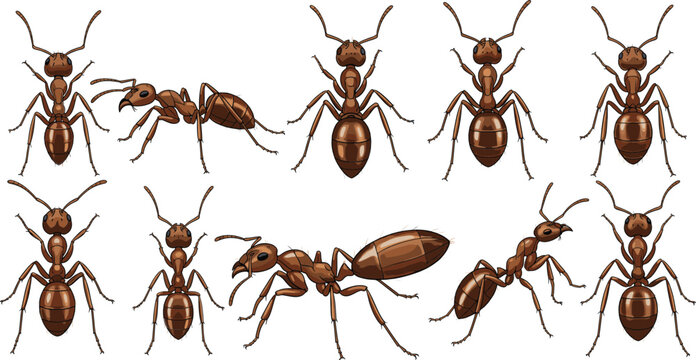 Realistic Brown Ant Insect Collection in Different Angles and Poses Isolated Vector Illustration Set