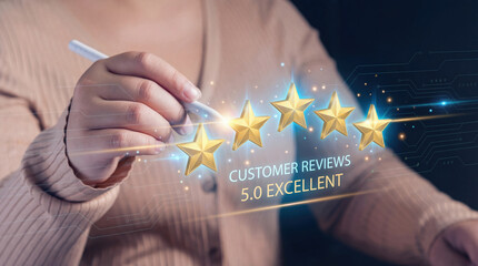Five star rating customer review concept with glowing golden stars and digital interface overlay showing 5.0 excellent feedback, hand holding stylus and holographic UI in modern tech setting
