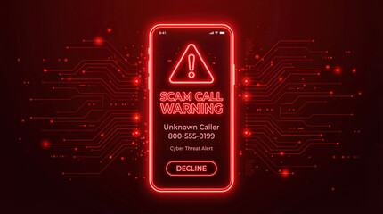 Scam call warning neon phone alert unknown caller number cyber threat alert decline button red circuit background urgent notification fraud prevention phone security