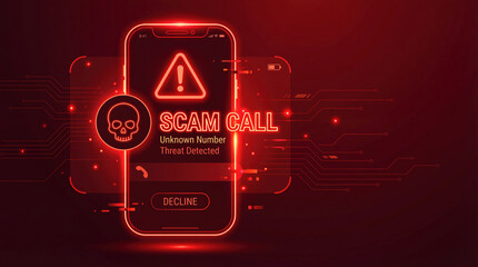 Scam call warning on smartphone screen with red alert icon skull unknown number threat detected decline button alarming notification cybersecurity risk