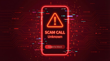 Scam call warning unknown phone screen with neon alert triangle, red digital glitch, swipe to block button, cybersecurity threat notification, urgent tone, mobile fraud protection