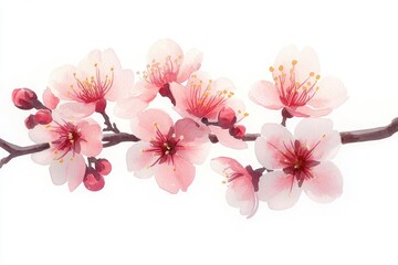 Naklejka premium delicate pink cherry blossoms and buds on a slender brown branch, soft watercolor petals evoking serenity and springtime renewal