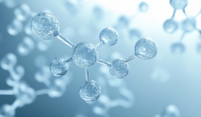 glass-like molecular model of connected spherical atoms and bonds floating in soft blue light, pristine clinical and futuristic atmosphere