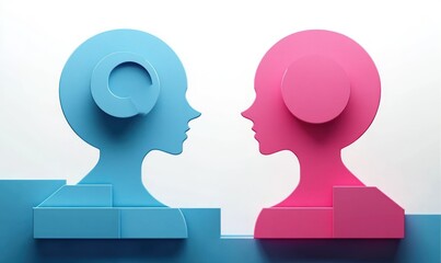 Blue and pink minimalist 3D head silhouettes facing each other on geometric bases, abstract profiles suggesting conversation, connection and contrast