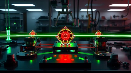 High tech laboratory with glowing red diamond apparatus and green laser beams.
