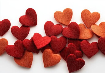 Obraz premium scattered red and orange felt heart shapes on a white background conveying warmth and affection