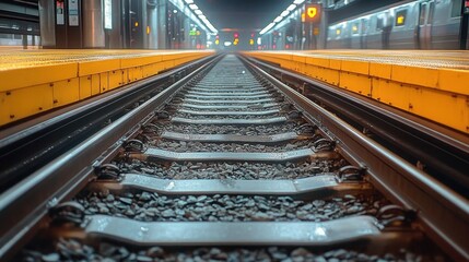 Obraz premium Low-angle close-up of wet railway tracks and gravel between yellow platform edges in an illuminated empty subway station, blurred train and lights creating a moody anticipatory atmosphere