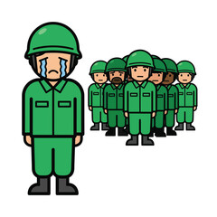 A cartoon soldier cries while standing apart from his peers