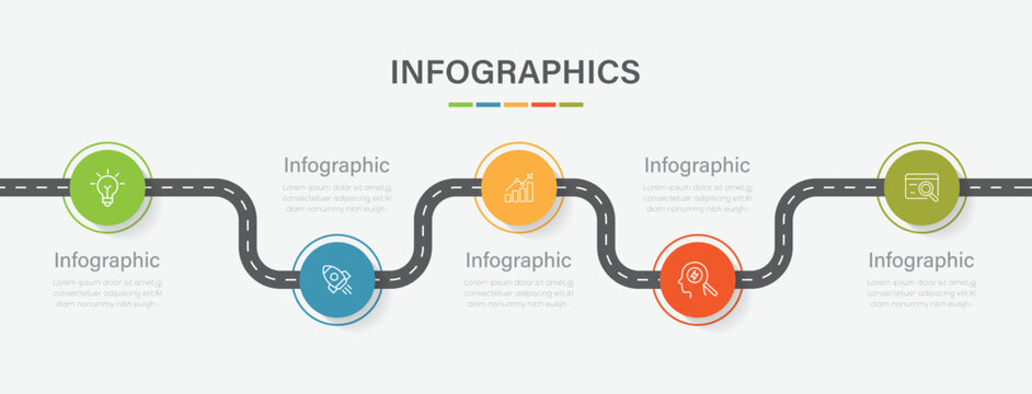 Business road map timeline infographic concept with 5 step, option, process. Business Events annual business presentation. Vector illustration.