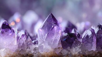 Fototapeta premium Vibrant Purple Amethyst Geodes Reveal Crystal Growth Texture in Macro Detail Showcasing Geometric Patterns of Mineral Wonder