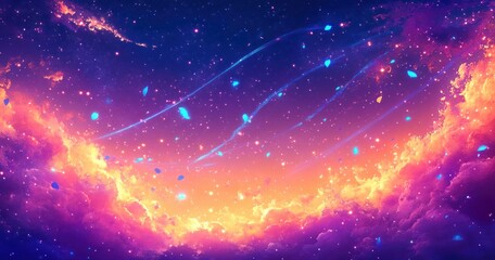 Fototapeta premium glowing cosmic sky with vibrant purple and orange clouds, twinkling stars, blue floating petals and sweeping light trails, dreamy ethereal atmosphere