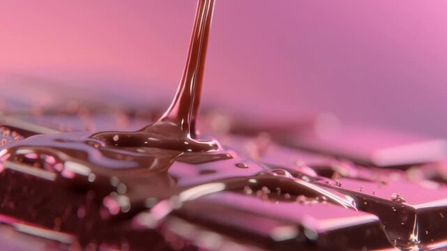 Dark Melted Chocolate Pouring on Glossy Bar Pink Background