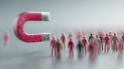A strong magnet, pulling in a stream of small, metallic customer icons from a distance, while repelling negative icons, customer attraction and brand polarity