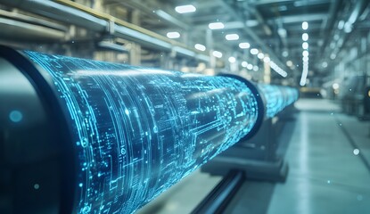 Blue holographic data lines flowing through a digital pipeline concept.