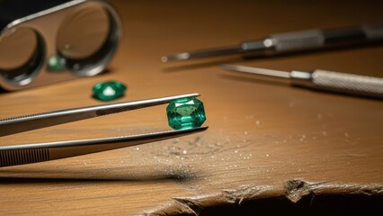 Close-up view of a jeweler's bench with a vivid emerald gem held by tweezers, surrounded by precision tools and glasses, highlighting meticulous craftsmanship and detailed setting