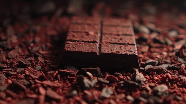 Rich Dark Chocolate Bar on Cocoa Nibs Macro Shot