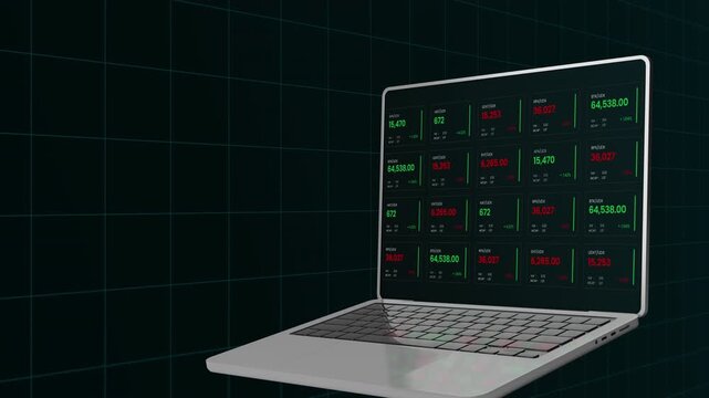 Perspective laptop view showing detailed financial data and asset performance lists for expert market traders.