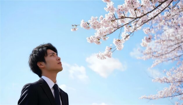 桜の花を見上げ未来を思考する真剣な横顔の男性社員