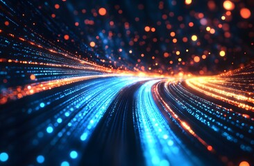 Obraz premium Futuristic abstract background featuring blue and orange glowing light beams.